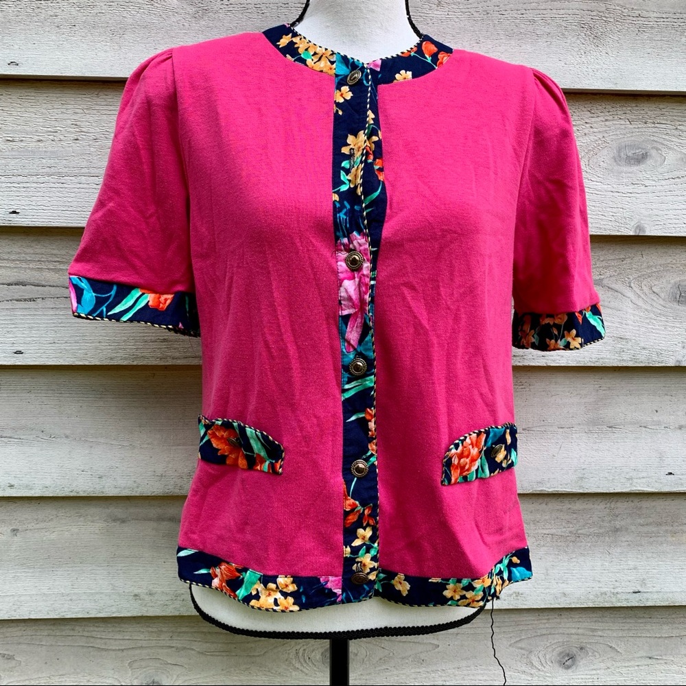 Vintage 80s Pink Floral Print Button Down Circle Neck Short Puff Sleeve Blouse